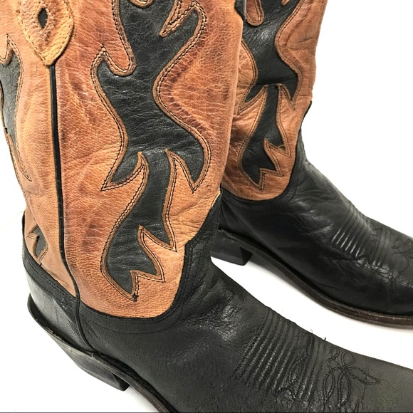 OLD WEST Leather Cowboy Boots Western Ranch Size 8 Two Tone Tan Black Ranch - Picture 13 of 14